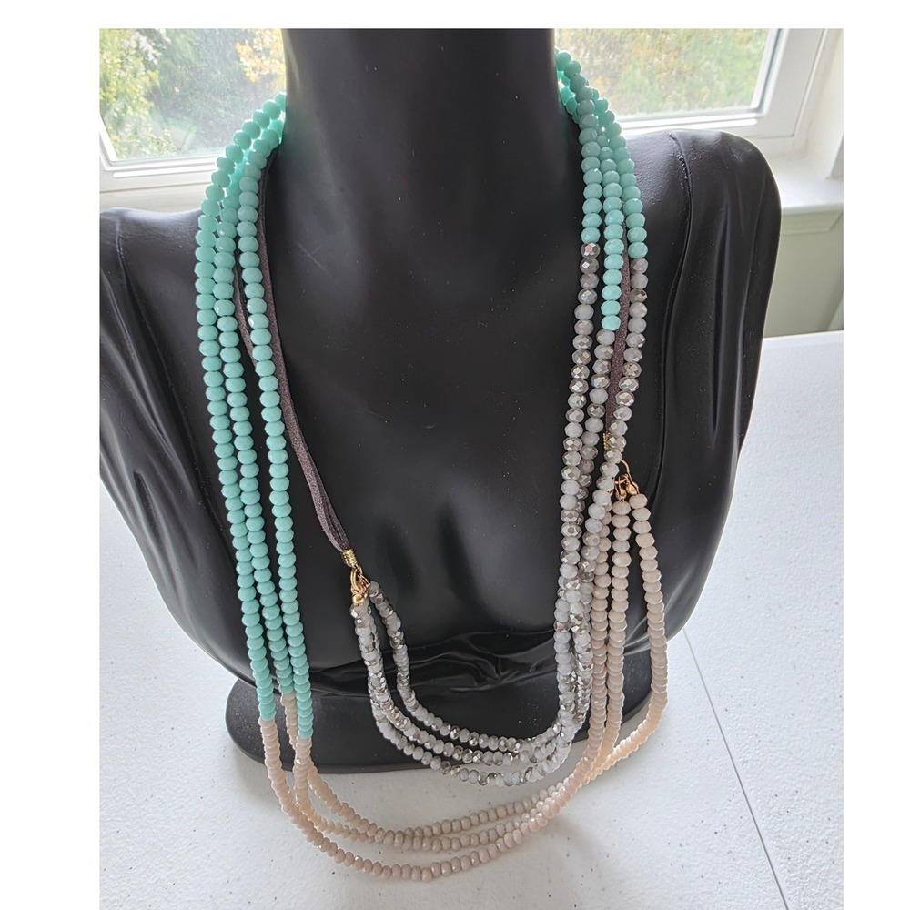 Marlyn Schiff Multi Strand Beaded Necklace Turquoise Champagne Silver Layered